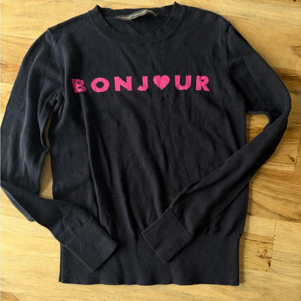 French Connection Black Sweater with Pink 'Bonjour' Motif